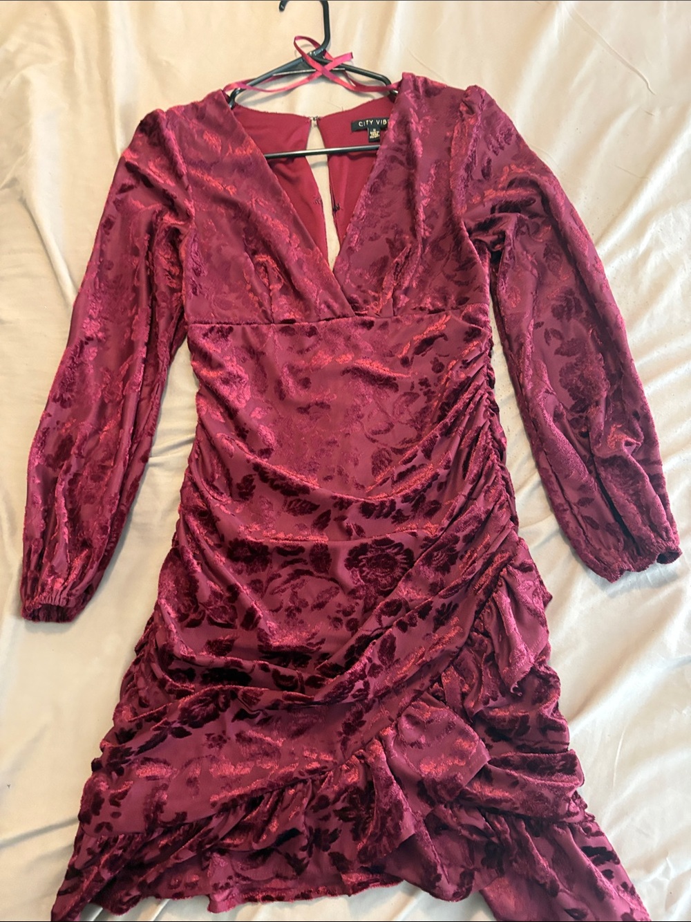 Wine Red Velvet Jacquard Ruched Long Sleeve Dress